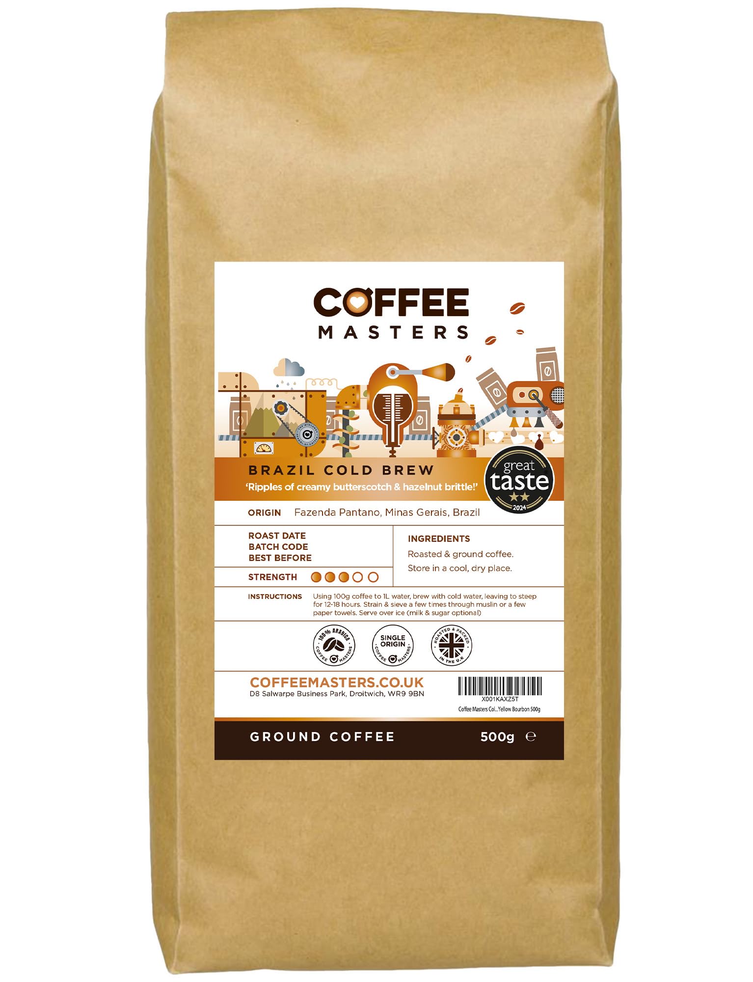 Brazil Yellow Bourbon Cold Brew Ground Coffee - 500g Medium Roasted Espresso Bean, Ideal for Cold Brewing, Single Origin, 100% Arabica - Great Taste Award Winner 2024