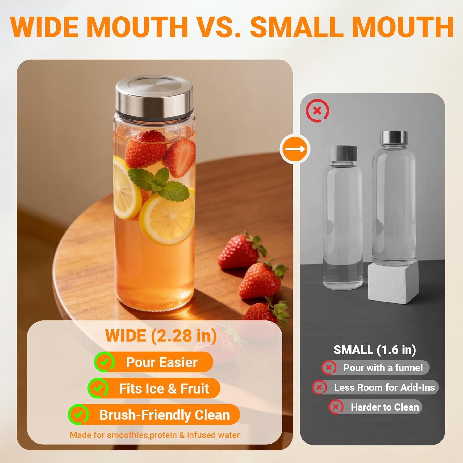 20 oz Wide Mouth Glass Juice Bottles with Stainless Steel Lids, Leakproof, Airtight, Reusable, Dishwasher Safe, Cup Holder Friendly, Brush Included, for Juicing, Smoothie, Infused Water, 4 Pack