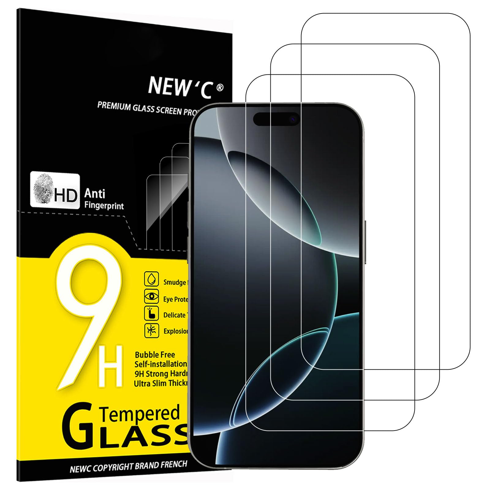 NEW'C 3 Pezzi, Vetro Temperato per iPhone 16 Pro (6,3"), Pellicola Prottetiva, Senza Bolle, Durezza 9H, 0,34mm Ultra Trasparente, Ultra Resistente