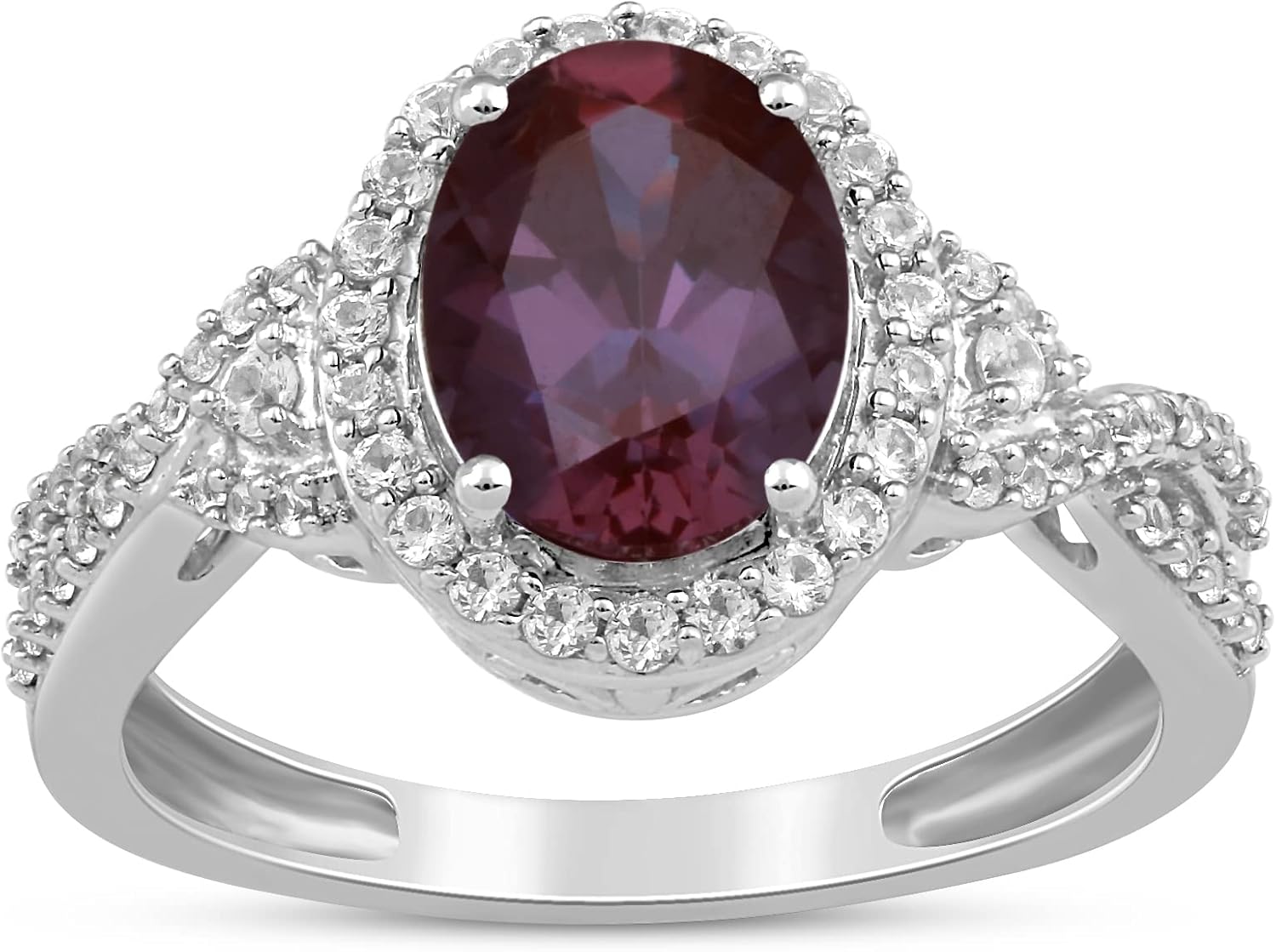 Jewelili Sterling Silver 9x7 MM Oval Alexandrite and Round Created White Sapphire Ring