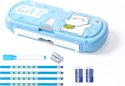 Multifunction Pencil Case with Whiteboard for Kids, Pencil Holder for Students, Cute Pencil box for Girls and Boys with Pencil, Erasers, Sharpener, Back to School Supplies Blue