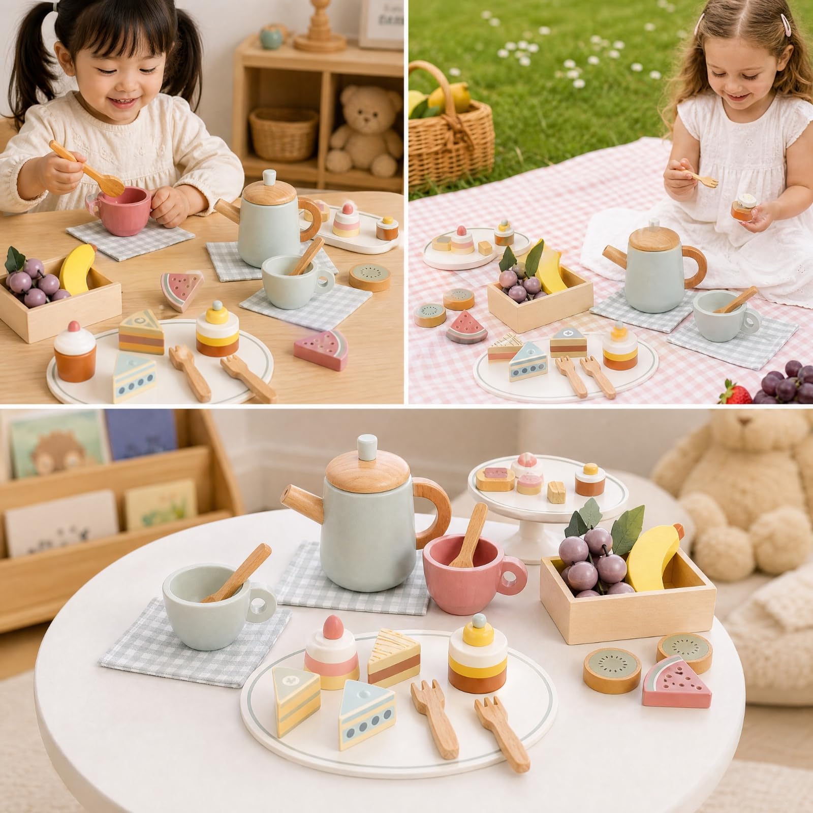 Set l tè del Pomeriggio Giocattolo Senza Sbavature Servizio da tè Giocattolo in Legno Educativo per attività Prescolari
