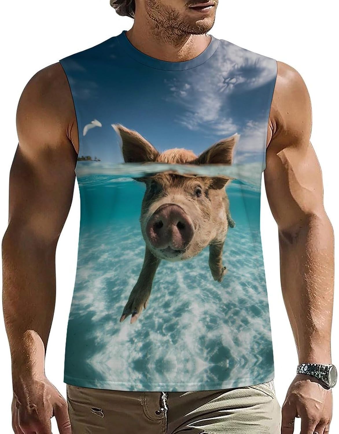 Pigs Swimming in Ocean Men Summer Sleeveless Crew Neck Top 5XL