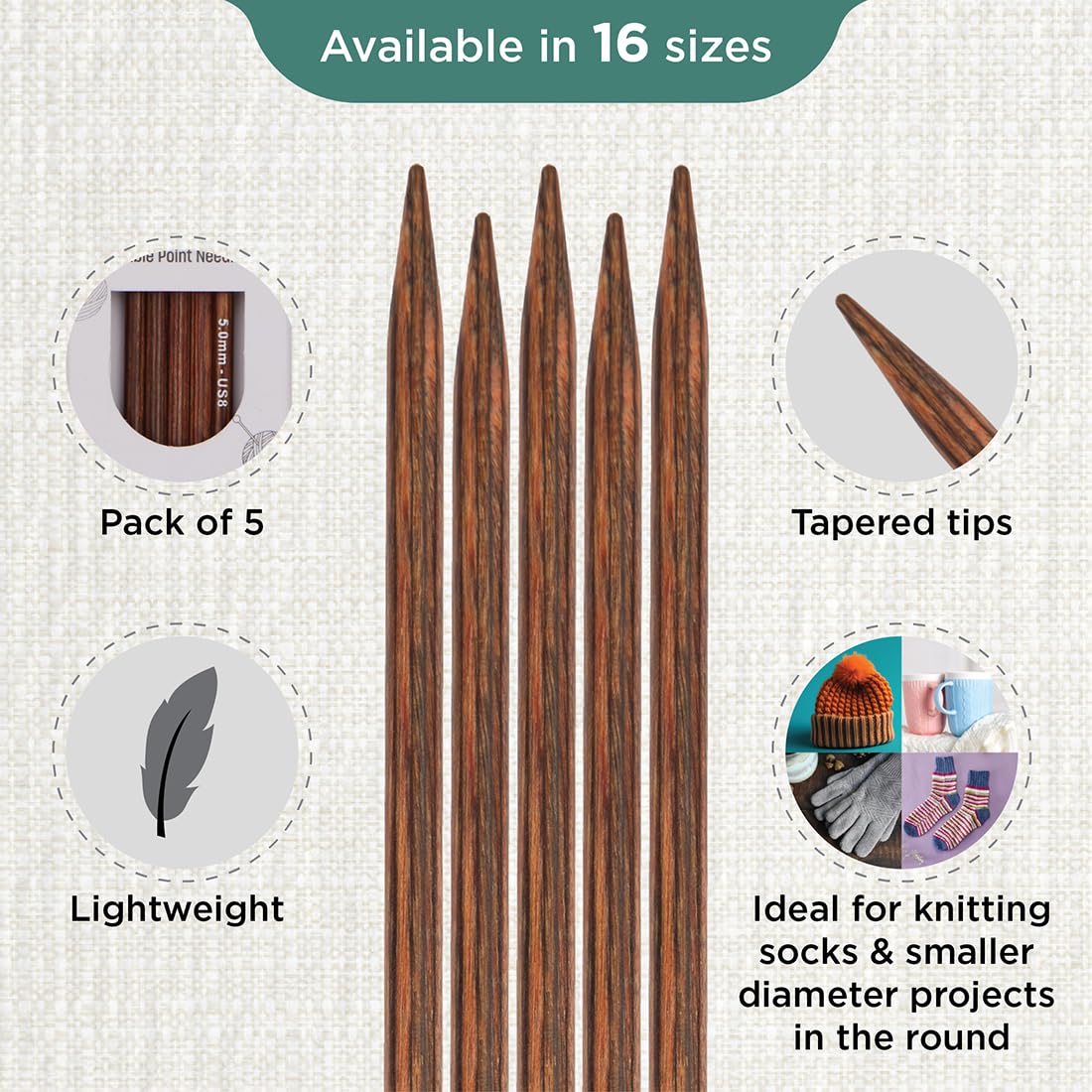 KnitPro Ginger Double Pointed Needles 5" (12.5cm), Brown, 5 mm - Image 3