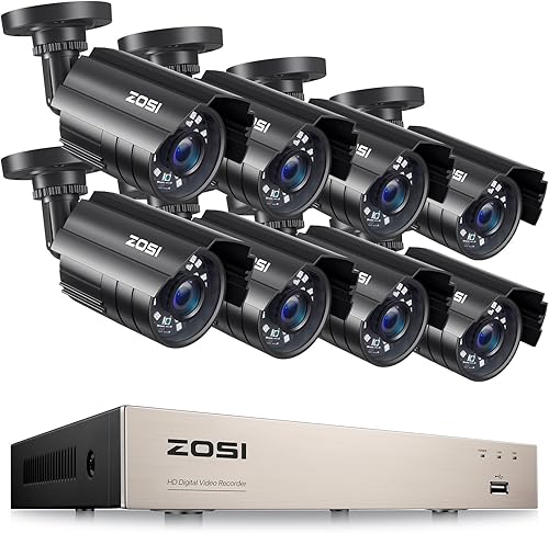 ZOSI - Sistema de cámara de seguridad de 8 canales, 5MP Lite con detección AI de humanos/vehículos, DVR CCTV de 8 canales y 8 cámaras de vigilancia