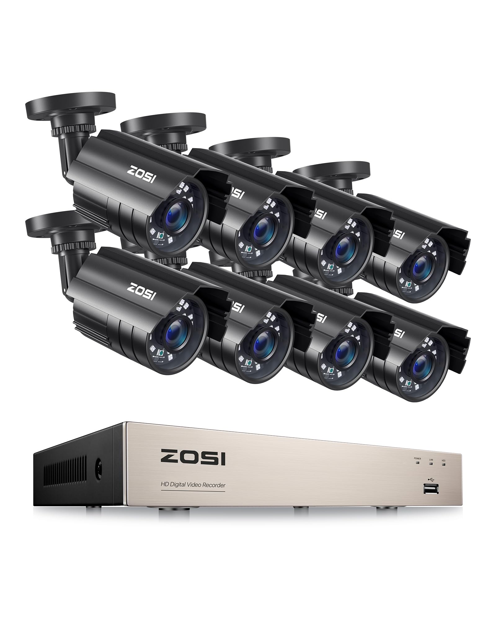 ZOSI Kit de Cámara Vigilancia Seguridad 5MP Lite 8CH DVR H.265+ 8x2MP Exterior, Visión Nocturna, Alarma, HDD No Incluido, Seguridad hogar Inteligente