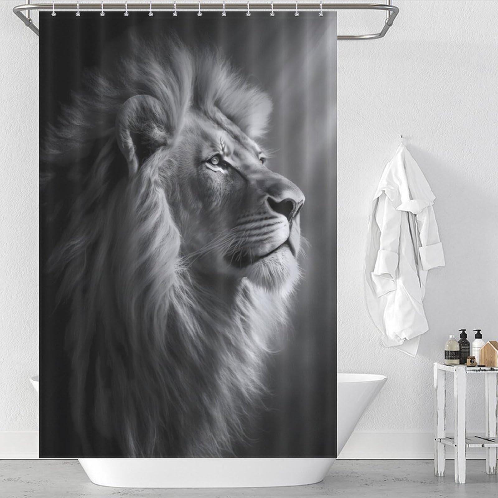 Rideau de douche lion imperméable en polyester lavable 122x183cm pour baignoire avec 12 crochets