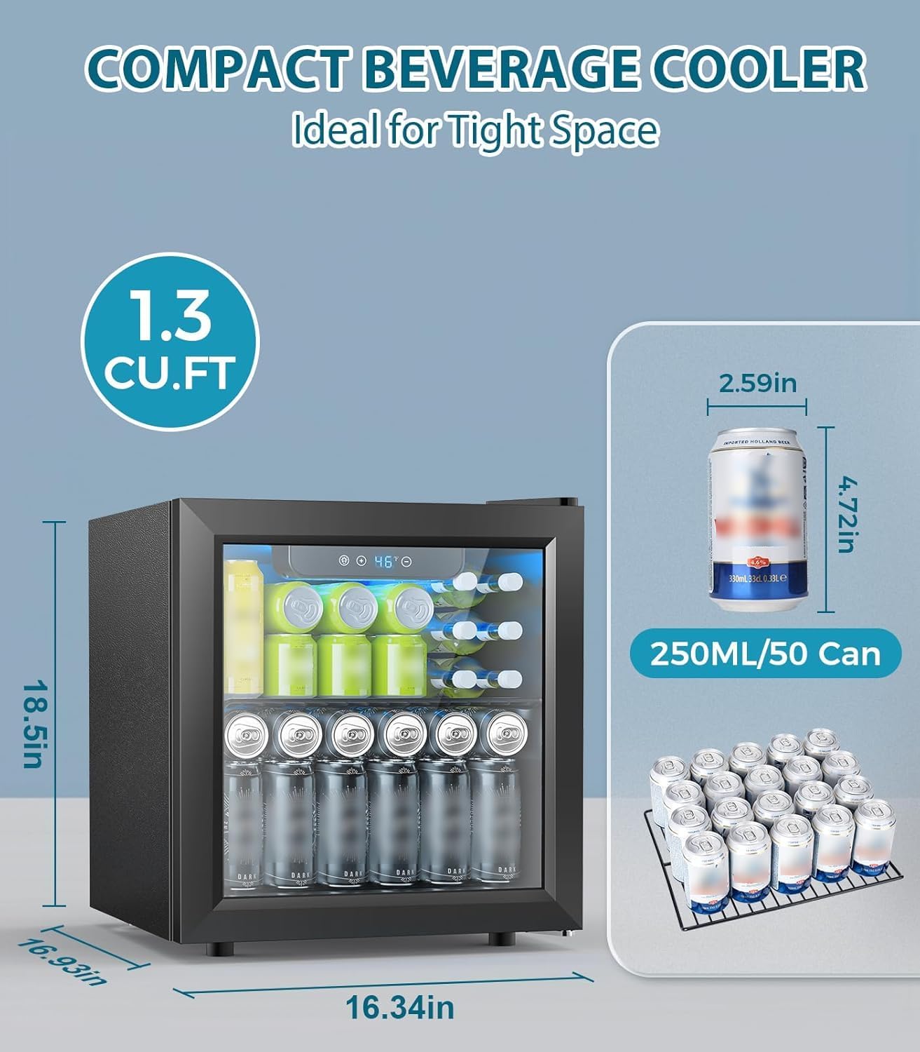  50 Cans Beverage Refrigerator Cooler, 1.3 Cu.ft Mini Fridge Countertop Drink Cooler with Glass Door for Beer, Soda,Wine, Adjustable Digital Temperature Control for Home Dorm Bar, Black thumbnail