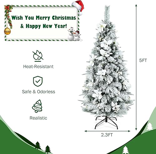 Miniatura 61 de Goplus Árbol de Navidad artificial flocado de nieve de 6 pies, árbol de Navidad con bisagras con soporte de metal plegable, bayas blancas y flores