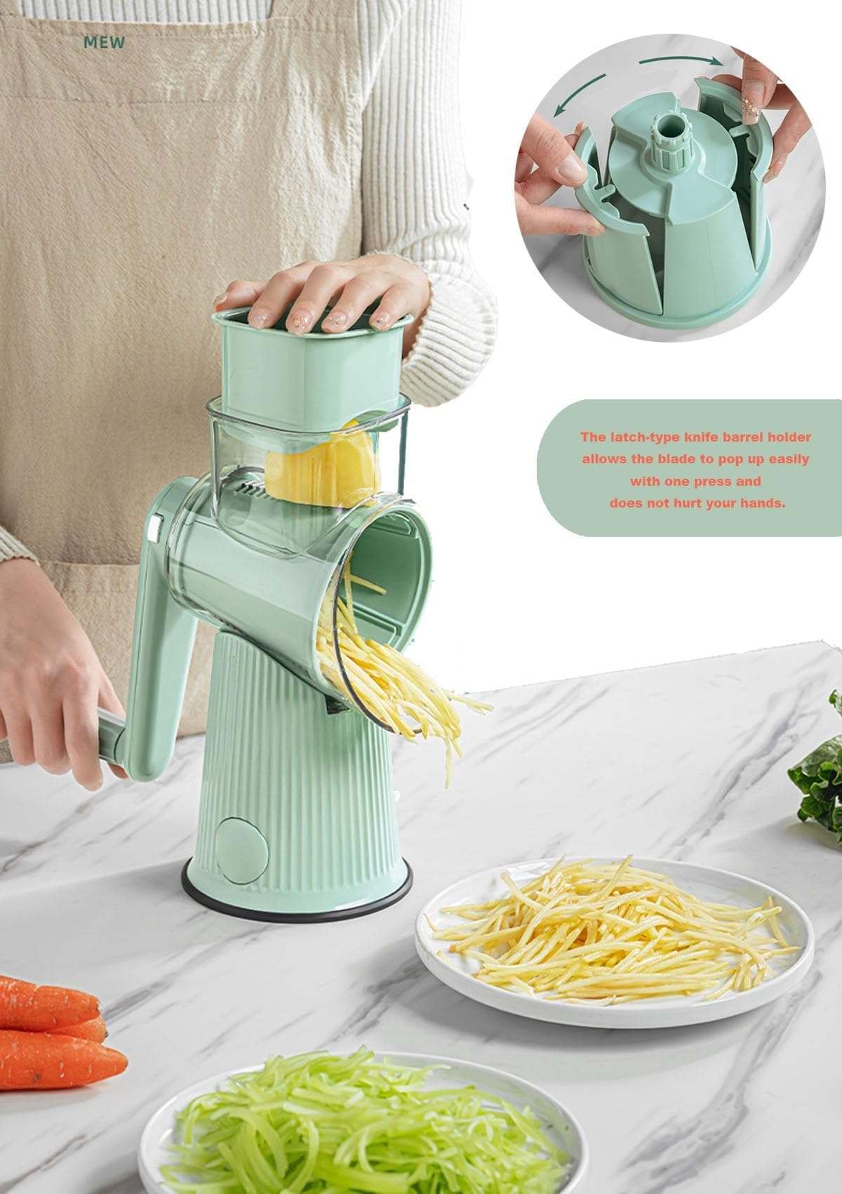 Rallador de queso y cortador de verduras con 10 cuchillas intercambiables y base de succión para patatas, zanahorias, queso, chocolate y más