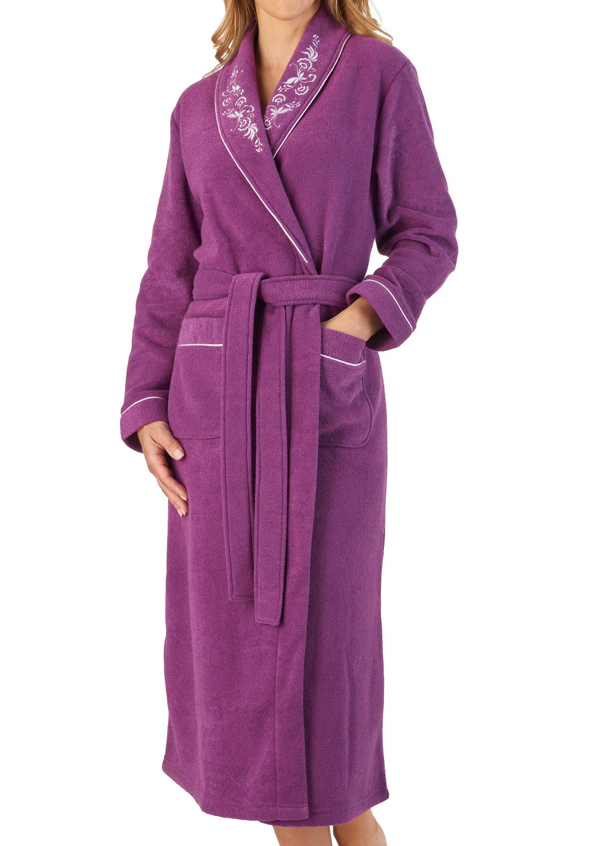 Slenderella Womens Shawl Collar Dressing Gown Boucle Fleece Embroidered Housecoat Medium (Plum)