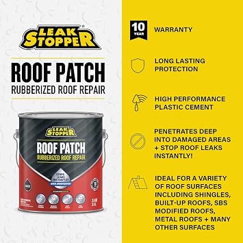 Gardner-Gibson Leak Stopper Rubberized Roof Patch 1 Gallon | 100% Flexible Instant Sealant for Built-Up Roofs, SBS Modified Roofs, Metal Roofs & Many Other Surfaces | | Black |