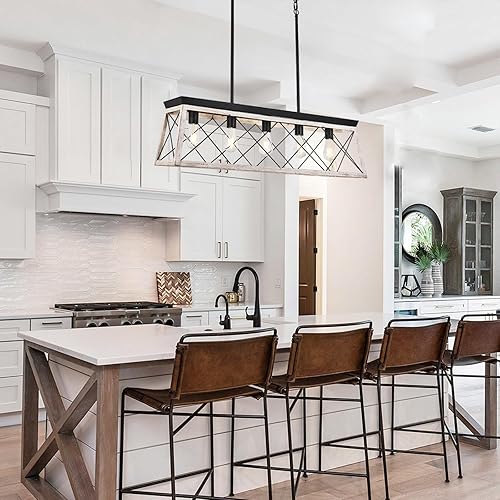 Miniatura 3 de Lámpara de araña de granja de 5 luces, iluminación de isla de cocina, acabado de madera blanca rústica, lámpara de comedor de altura ajustable,