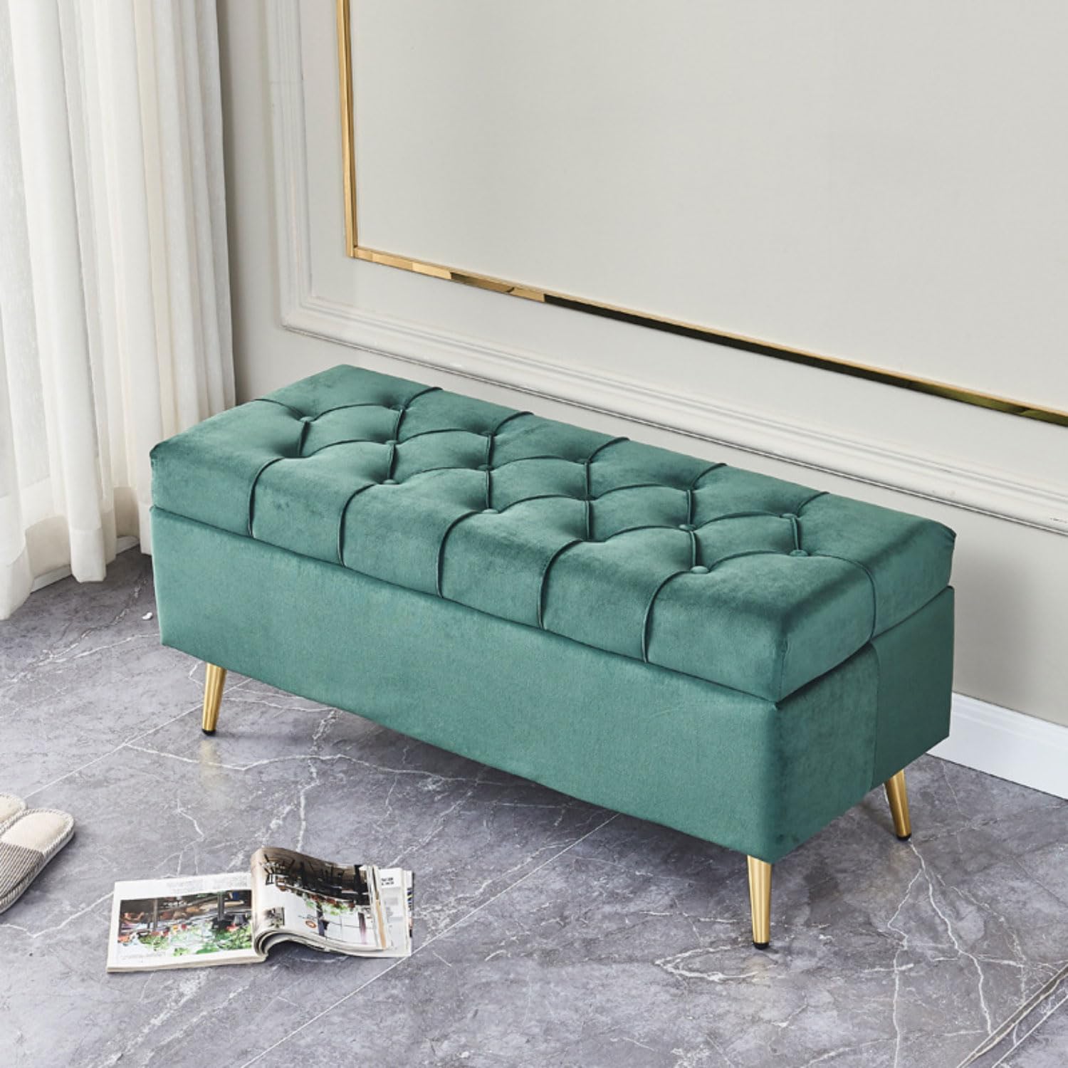 Banquette rembourrée en velours coffre de rangement de bout de lit chic