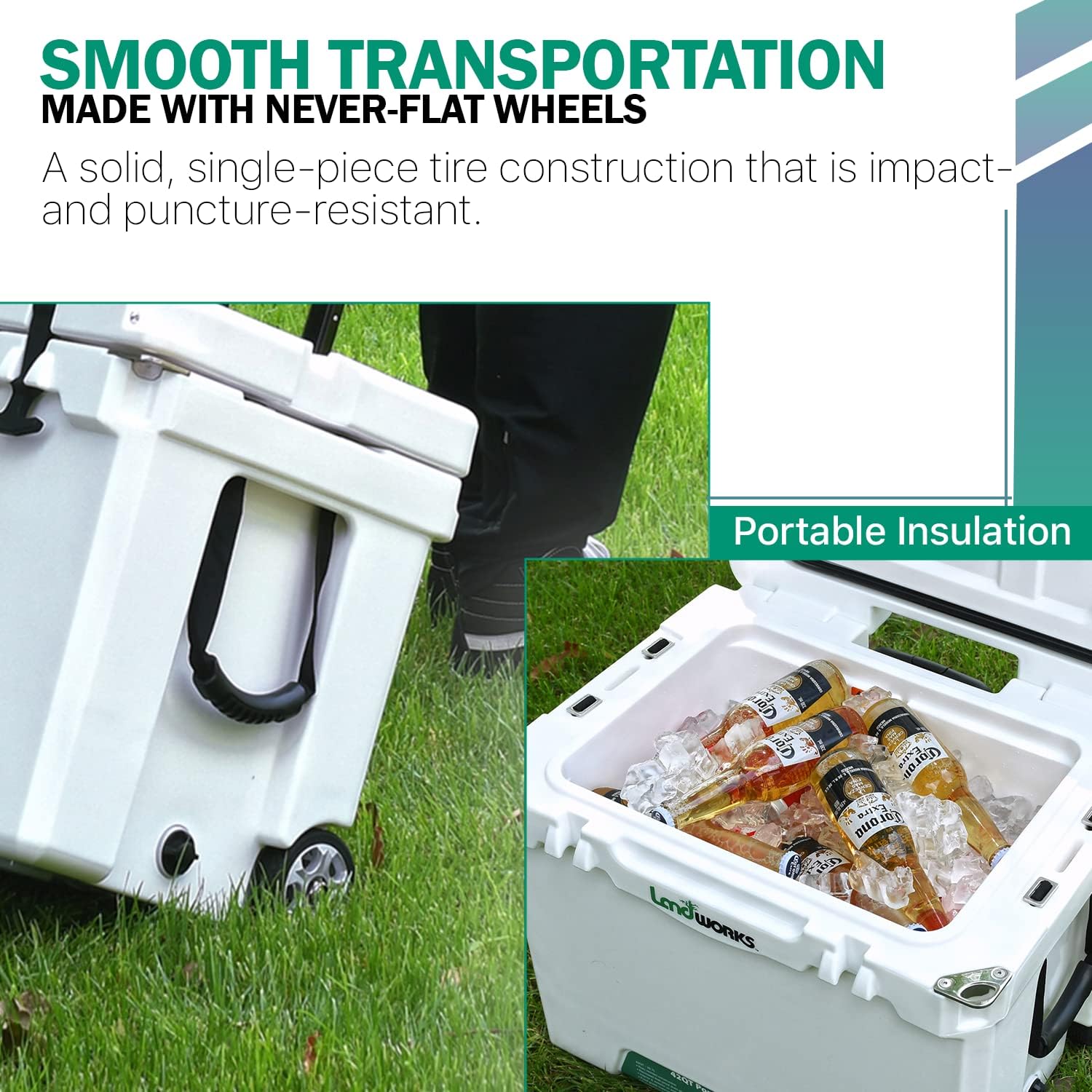 Landworks Wheeled Ice Cooler Rotomolded 45QT Upto 10 Day Ice Retention Commercial Grade Food Safe Dry Ice Compatible UV Protection 15mm Gasket Bottle Openers Telescopic Handle