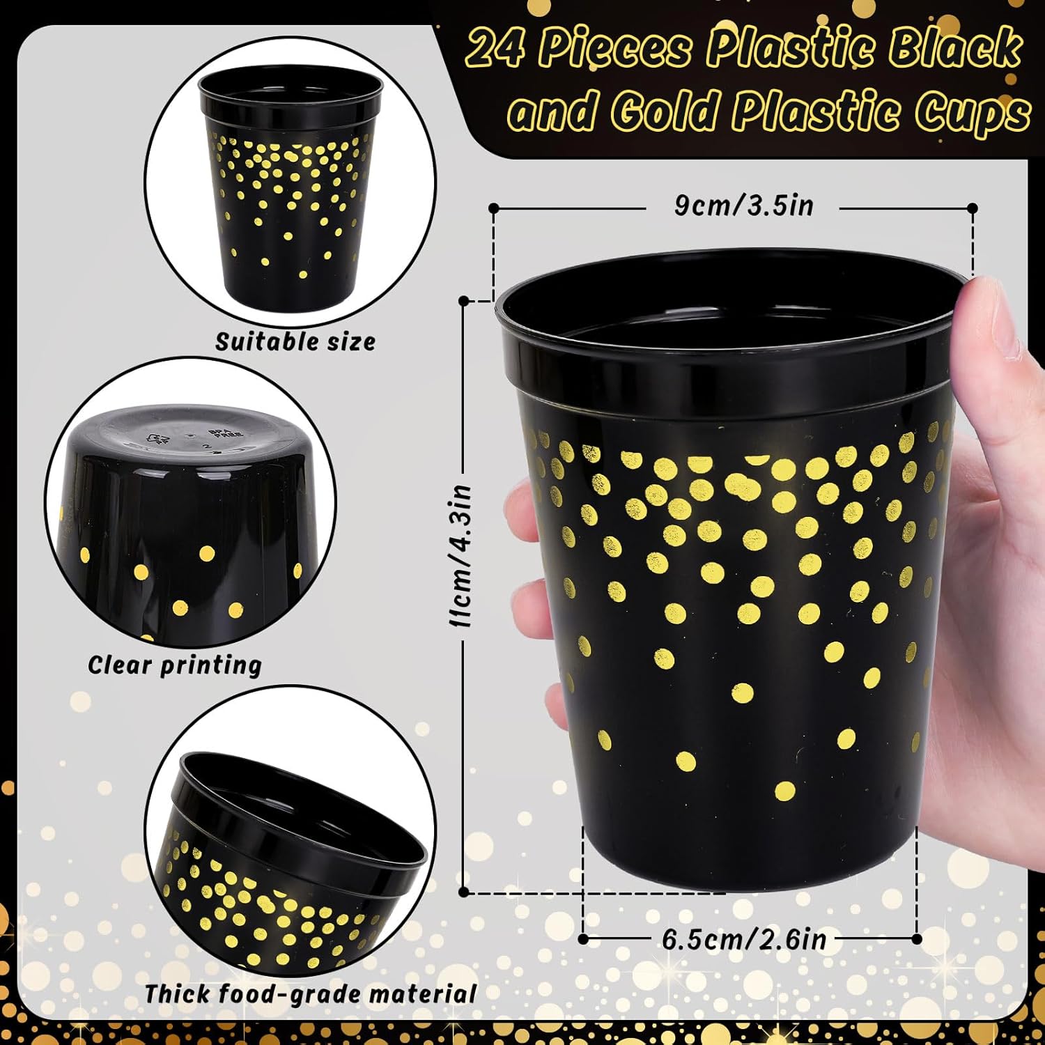 FYSUIMU 24Pcs 2026 Graduation Plastic Cup 16Oz Black Gold Polka Dot Disposable Drinking Cups Stackable Party Cups for Birthday Graduation Wedding Party Supplies