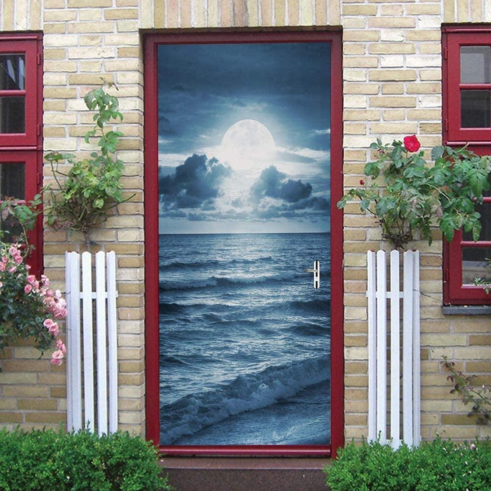 KGKBH 3D Door Poster Mural Door Sticker Blue Night Moon sea 37x85inch Self-Adhesive Waterproof Wall Door Sticker Home Room Bedroom Bathroom Vinyl Decoration Decal Removable Mural Poster Decoration