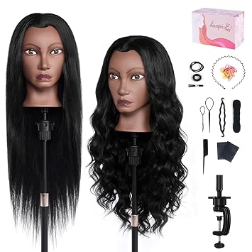 Mannequin Head with 80% Real Hair, 26" Cosmetology Mannequin Manikin Head, Practice Training Doll Head with Clamp Holder and Tools Black