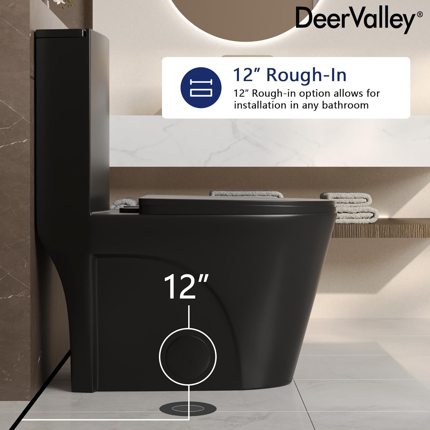 DeerValley Elongated One Piece Toilet with Comfort Height, Dual Flush Toilet with Soft Close Seat, High Efficiency 1.1/1.6 GPF 12'' Rough-In Matte Black Toilet