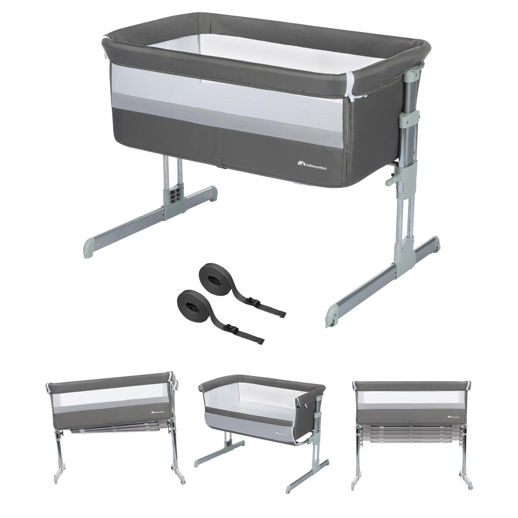 Bebeconfort Calidoo, Lit Cododo Bébé et Berceau Bébé 2-​en-​1, 0-​6 mois (0-​9 kg), Berceau Cododo Inclinable, 5 Hauteurs, Grand Matelas Rembourré, Côtés en Filet, Côté Pliable Facilement, Grey Mist