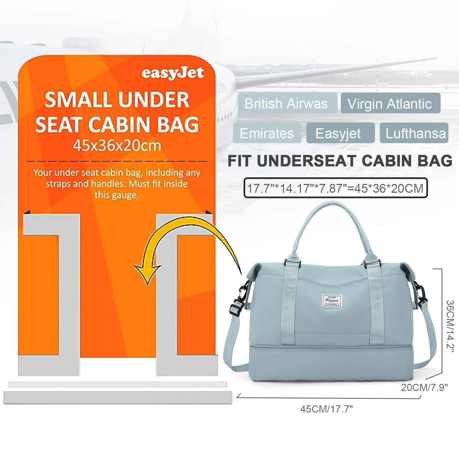 Borsone da Viaggio Donna, 45x36x20 Easyjet Bagaglio a Mano Borsa da Viaggio con Scomparto per le Scarpe, Borsa Sportiva Borsone da Palestra Grande, Borsa da Weekend,Borsa per Ospedale,E6-Blu chiaro