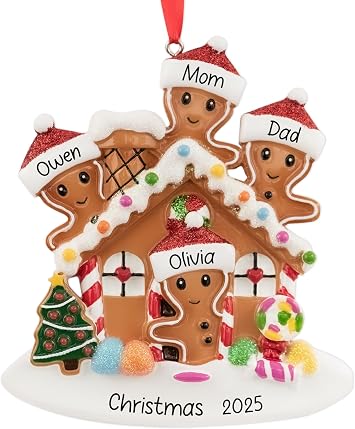Personalized Gingerbread House Family of 4 Christmas Ornament 2026 | Customized Xmas Tree Decoration | First Christmas as Family of Four in New Sweet Home Keepsake - Custom Name & Year