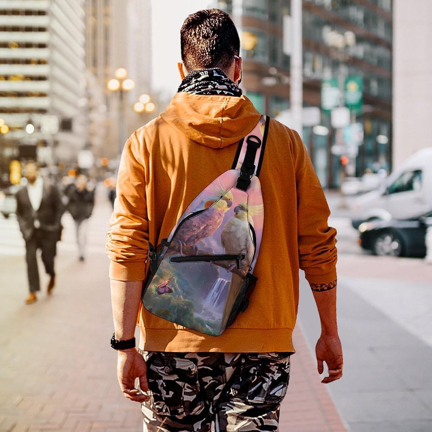 Tropical Cockatoo Parrot Birds Men Crossbody Sling Backpack Chest Bag | Travel Fanny Pack,Hiking Daypack,Print Shoulder Bags