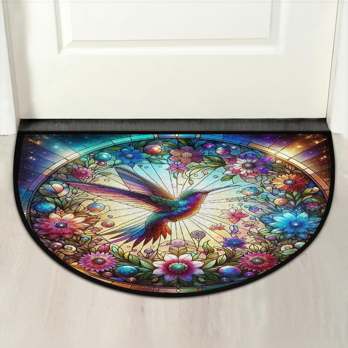 Colorful Flower Bird Half Round Door Mat Non Slip Washable Semi Circle Area Rug Absorbent Soft Half Moon Rug Floor Mat for Indoor Outdoor Kitchen Bathroom Patio Front Door Mat Decor