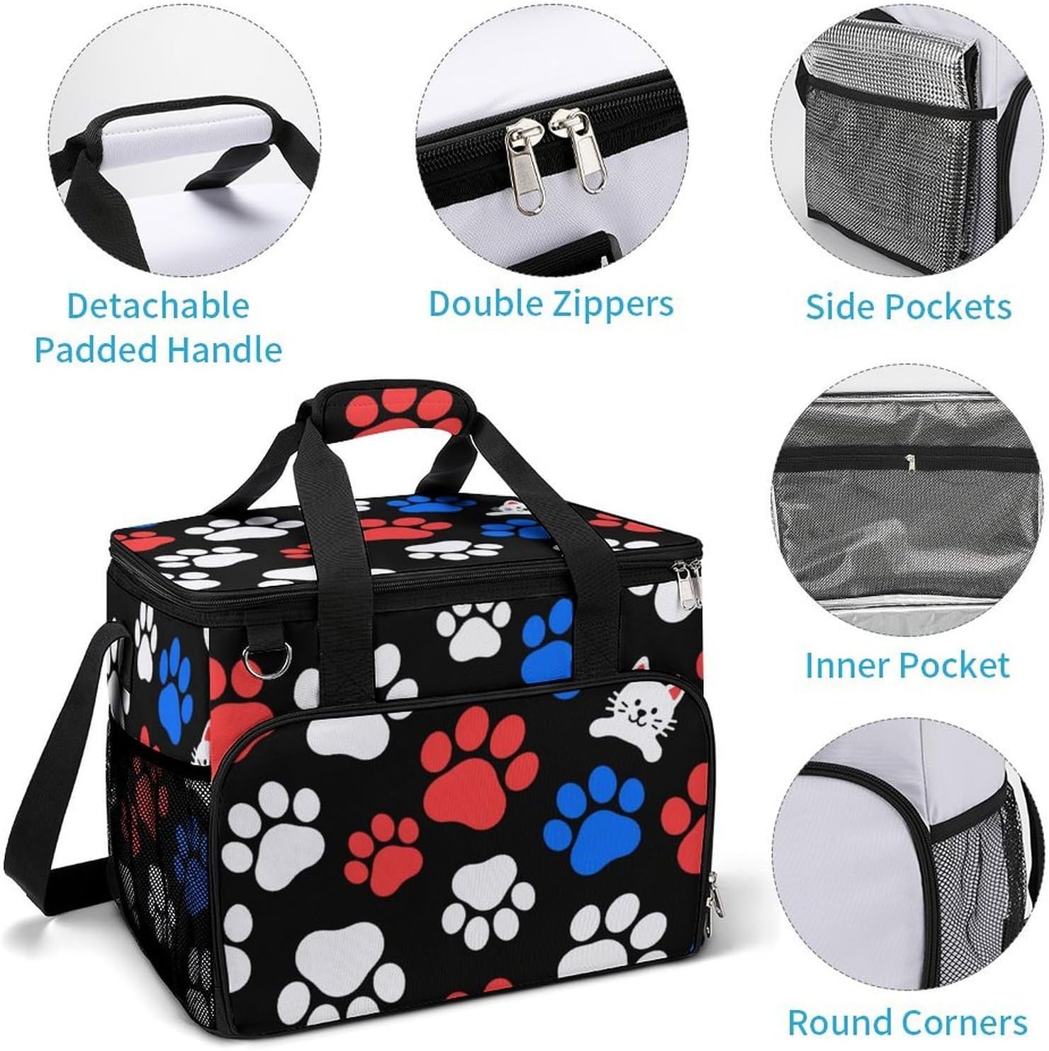 Insulated Picnic Backpack Tote Bag, Large Capacity 30L Red Blue White Dogs and Cats Paws Cooler Bag Leakproof Beach Bags Portable Lunch Box Waterproof Picnic Basket for Beach Camping BBQ