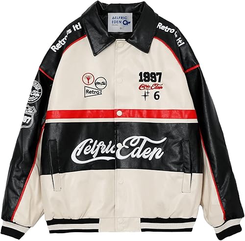 Aelfric Eden Chaqueta universitaria de piel sintética para hombre, estilo vintage, de carreras, para motocicleta, chaqueta de gran tamaño