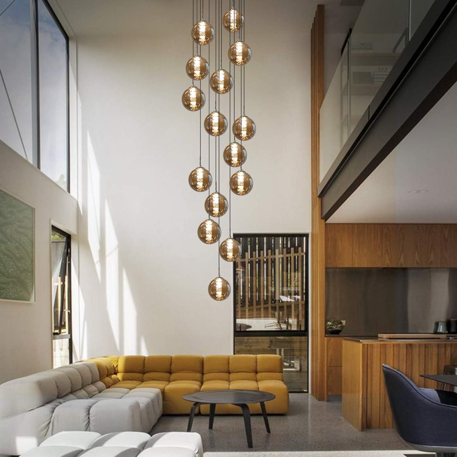 CBJKTX Lámpara de araña escaleras o sala de estar: moderna lámpara de | araña de cristal con 15 bombillas, altura regulable, ideal para salas de estar, villas, comedores, pasillos o cocinas (ámbar)
