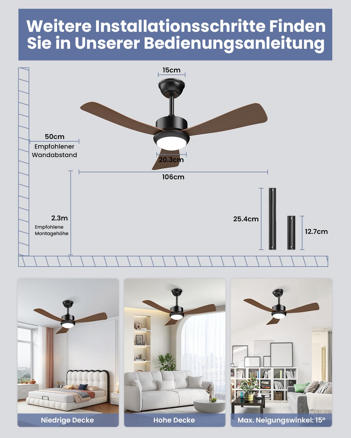 Airwit Deckenventilator mit Beleuchtung 106cm, Holzoptik Flügel, Leise, LED Dimmbar, DC Motor Umkehrbar, 6 Geschwindigkeiten