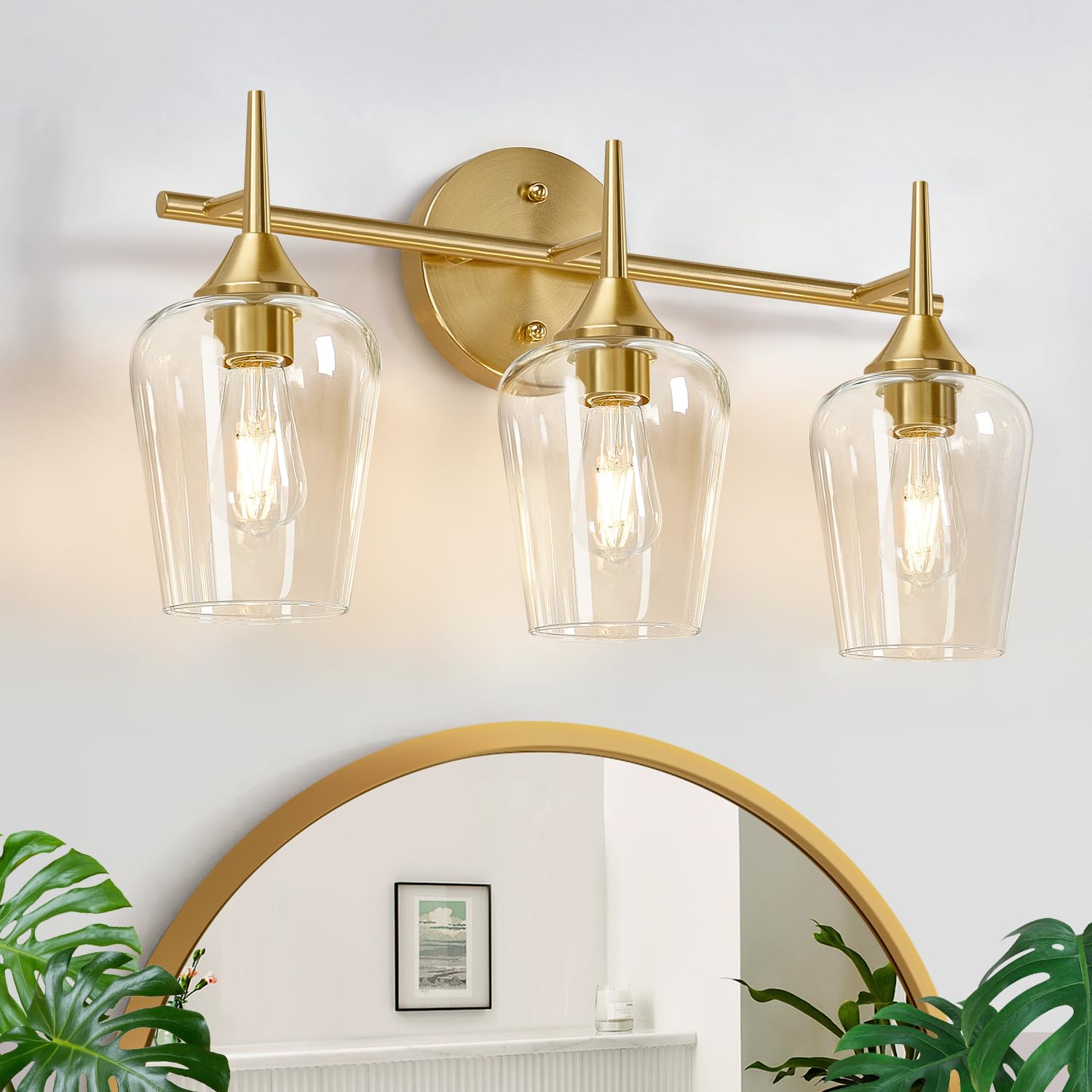 MOKATNG 3-Light Bathroom Light Fixtures, 19.5 Inch Brushed Gold Vanity Lights with Wine-Glass Shape, Bathroom Lights Over Mirror, Modern Wall Lamps for Bedroom Living Room Hallway