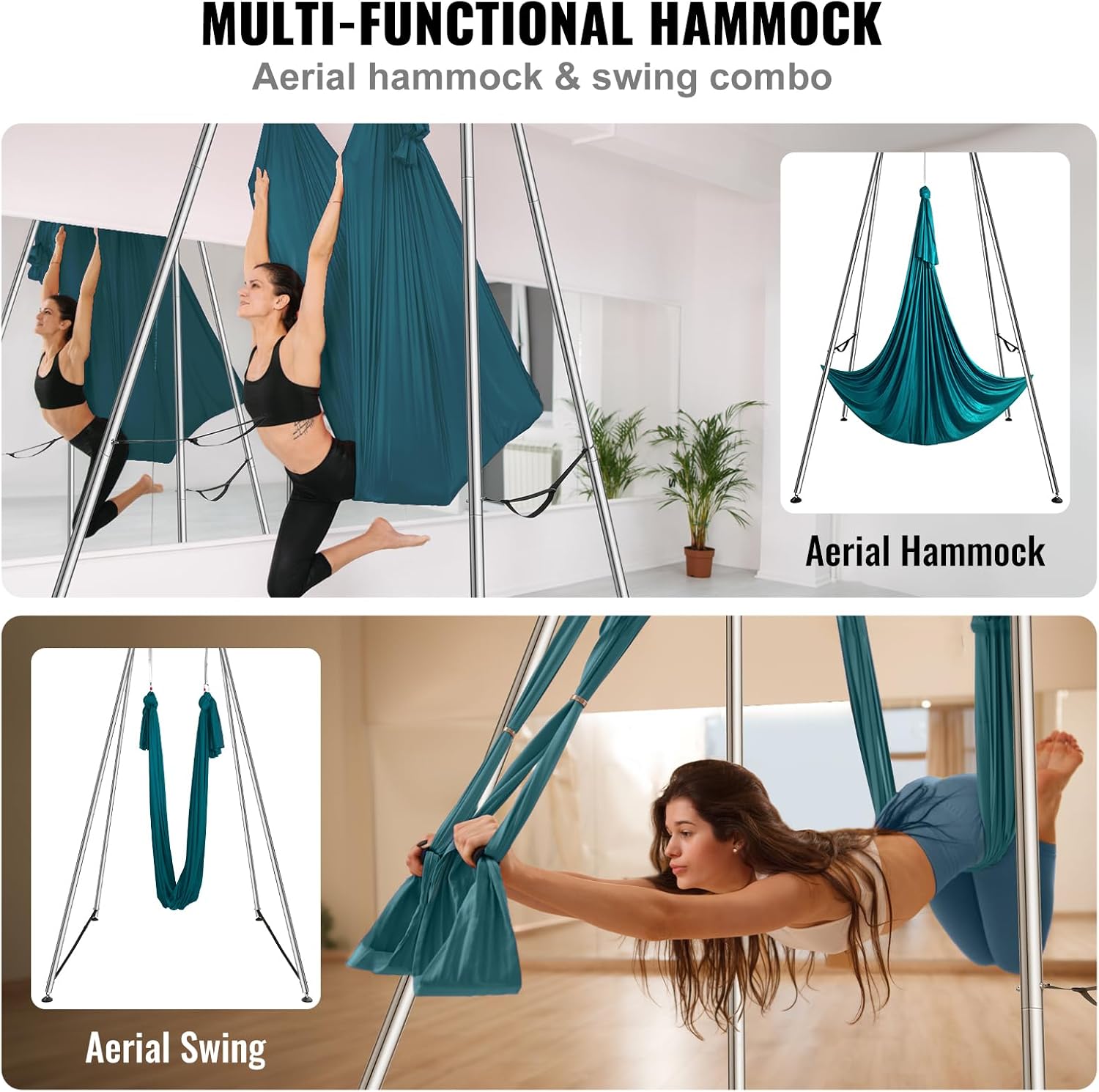 VEVOR Yoga Stand Frame, Max 441-551 lbs Load Swing Stand, Triangular Structure Aerial Rig, Aerial Silk Stands with Yoga Hammock, Standard & Height-Adjustable Version