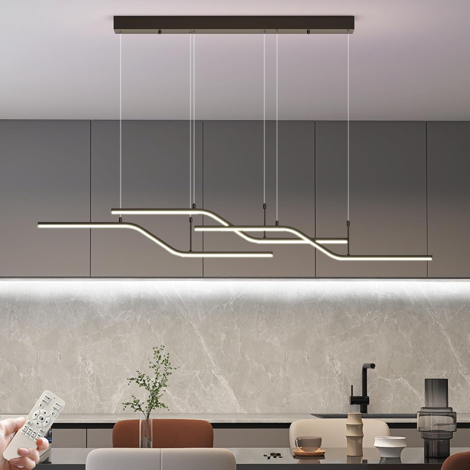Siittoo Modern Black Pendant Light, 45W Dimmable LED Chandelier Lighting Fixture with Remote, 3-Light Wave Linear Hanging Pendant Light Fixture for Dining Room Kitchen Island Restaurant (52'')