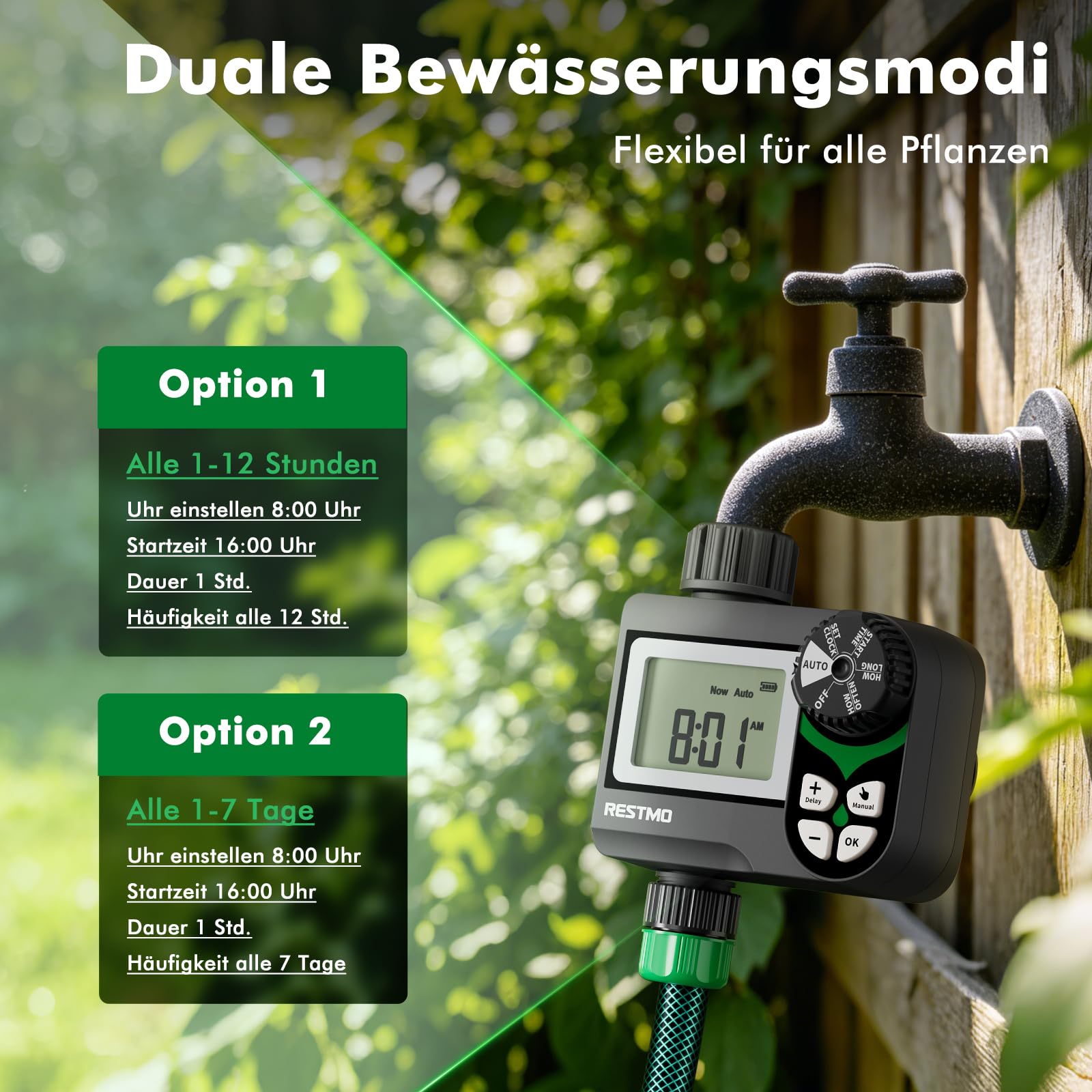 RESTMO Bewässerungscomputer mit druckverlustfreiem Kugelhahn (0-120 PSI), Intervall-Programm (2 Modi) & Regenverzögerung (24-72 h) – Gartenbewässerungssystem für Regentonnen, Hochbeete, Rasen