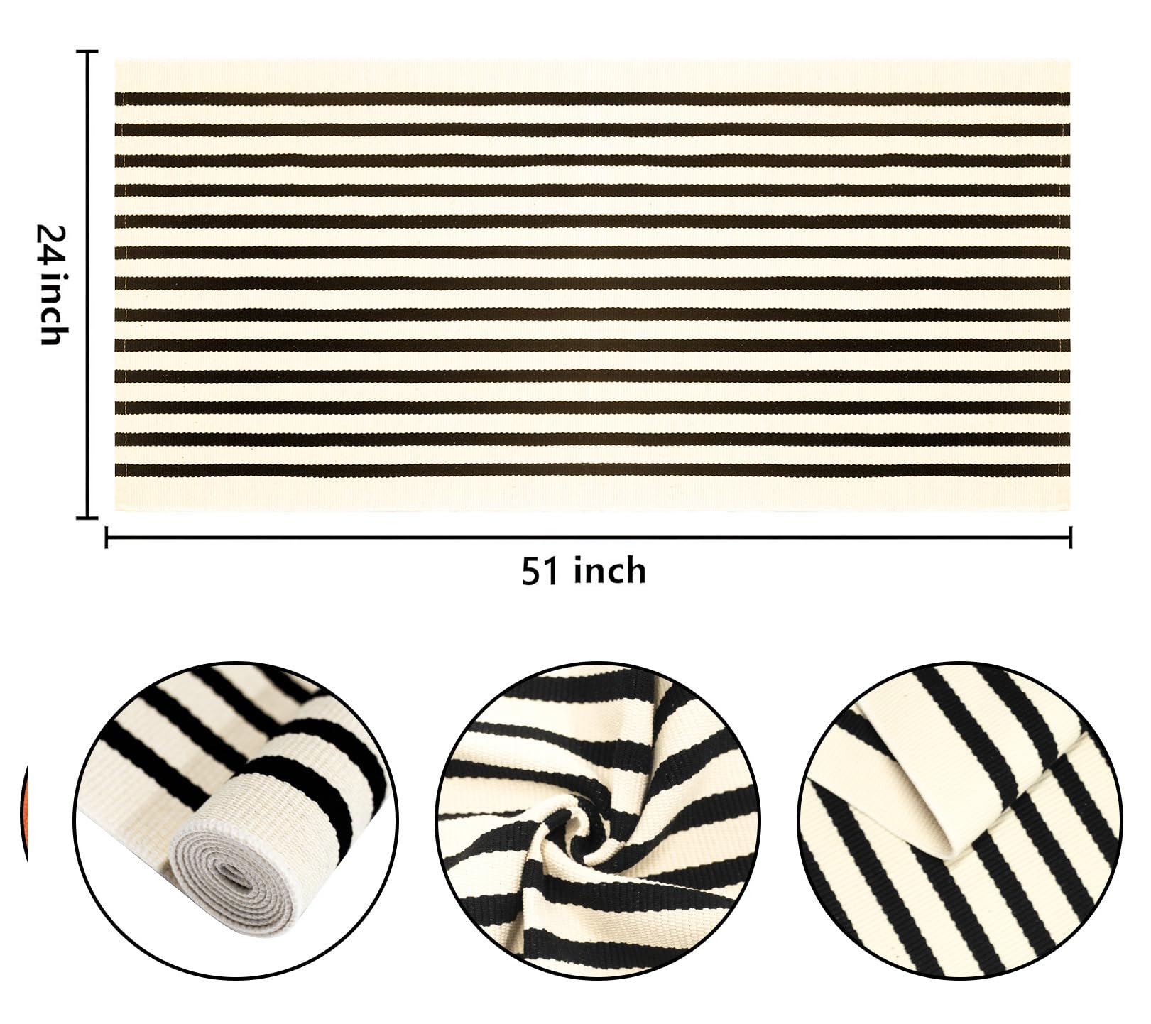 Tapis d'extérieur rayé Noir et Beige 60 x 130 cm, Lavable en Machine, pour