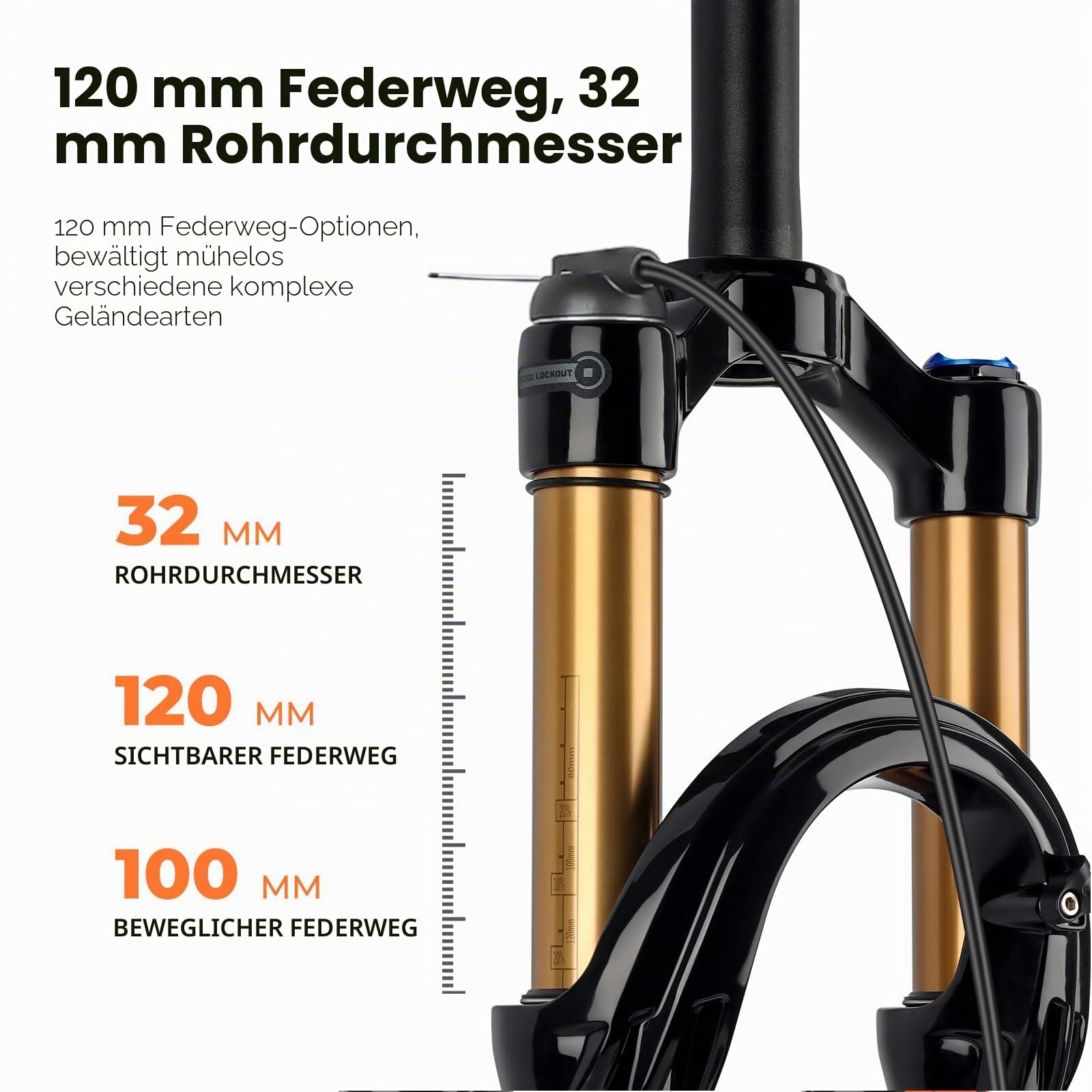BOLANY 27.5/29Zoll MTB Luftgabel, 120mm Federweg Fahrrad-Federgabel 28.6mm (1-1/8inch) 220mm Gewindefreier gerader Gabelschaft 9x100mm QR Scheibenbremsversion