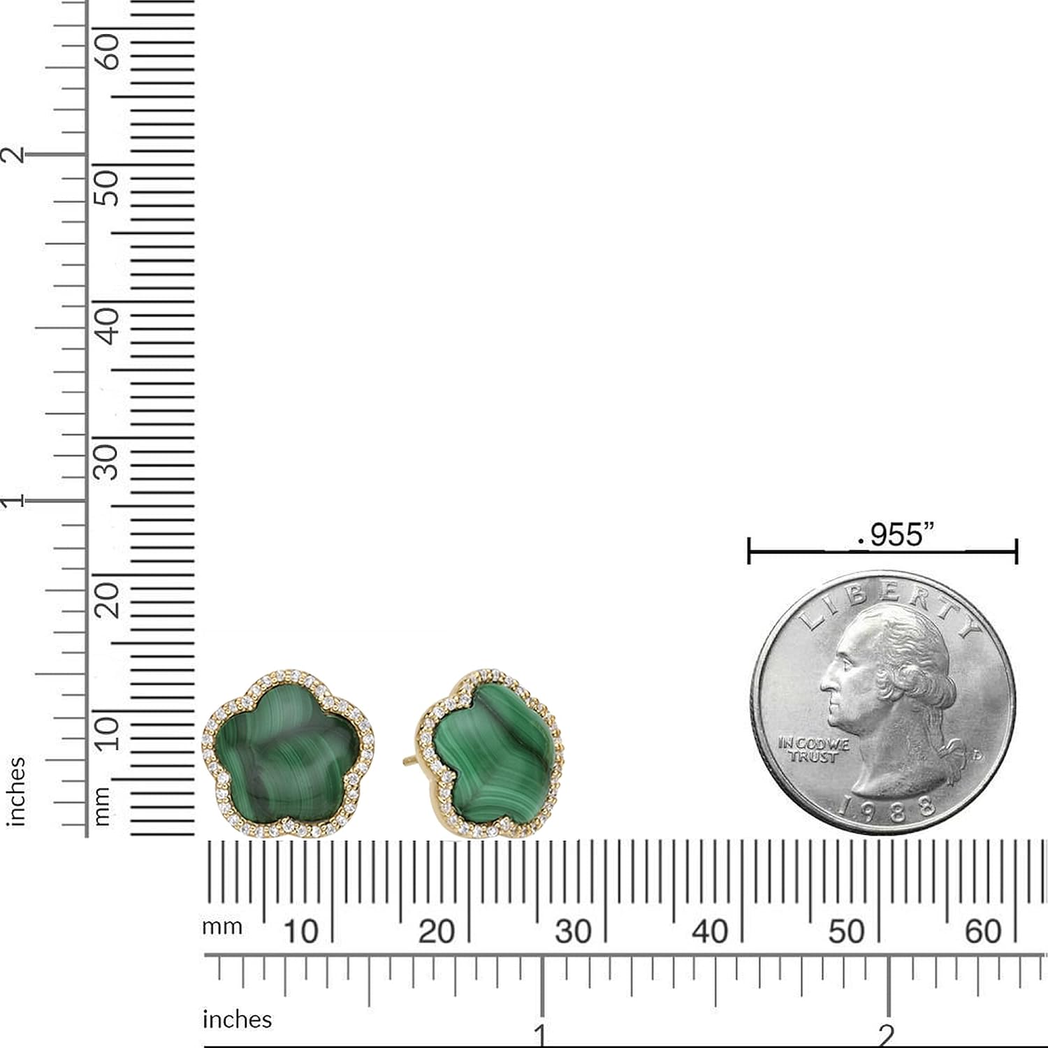 Lavari Jewelers Five Petal Flower Stud Earrings for Women - Black Onyx Green Malachite Mother of Pearl or Pink Quartz & Cubic Zirconia in 925 Sterling Silver - Hypoallergenic Gold Plated - Push Back