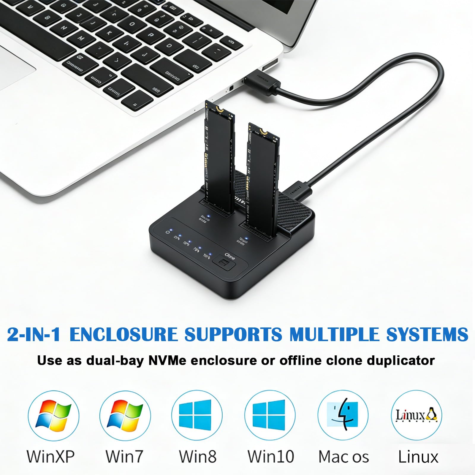 M.2 NVMe & SATA Docking Station 20Gbps Dual Bay M2 NVMe SSD Case USB 3.2 Gen 2 Reader Duplicator Offline Clone Station per 2230/2242/2260/2280 NVMe