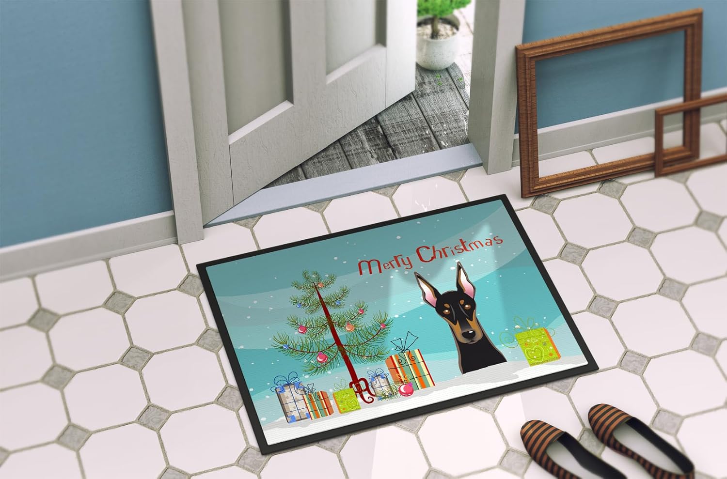 Caroline's Treasures BB1617MAT Christmas Tree and Doberman Doormat 18x27 Front Door Mat Indoor Outdoor Rugs for Entryway, Non Slip Washable Low Pile, 18H X 27W
