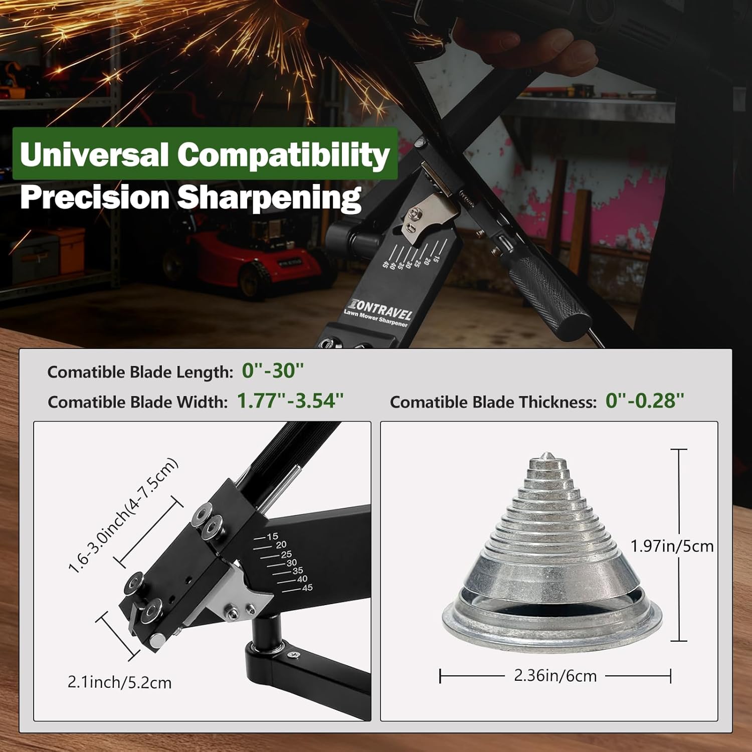 Upgraded Lawn Mower Blade Sharpener with Ball Bearing Handle and 15°-45° Adjustable Frame, for Straight & Standard Lawn Mower Blades,Lawnmower Blade Sharpener Kit with Metal Blade Balancer,5005,Black