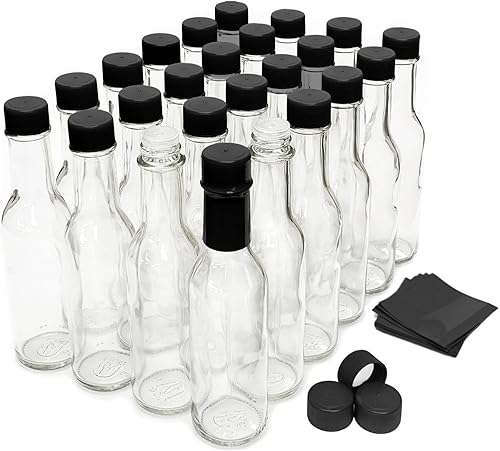 nicebottles Botellas de salsa picante con tapas negras y bandas retráctiles, 5 onzas, paquete de 24