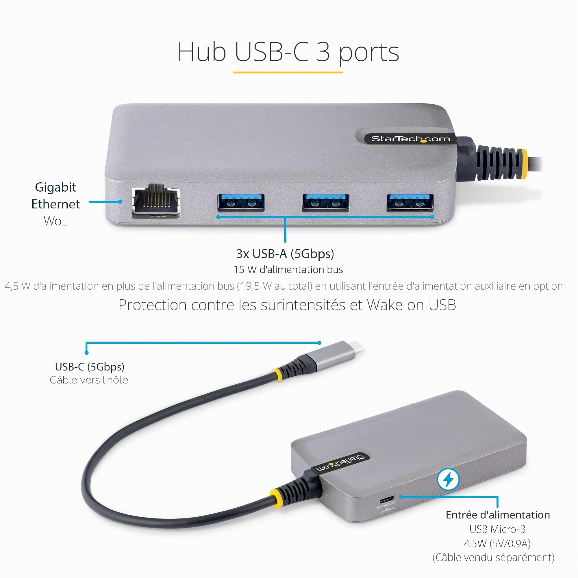 StarTech Hub USB-C 3 Ports, Gigabit Ethernet, 5Gbps, 3X USB-A, 30cm | Station d'accueil, dock, RJ45 GbE, Alimenté par USB, Wake on USB, Mini hub portable