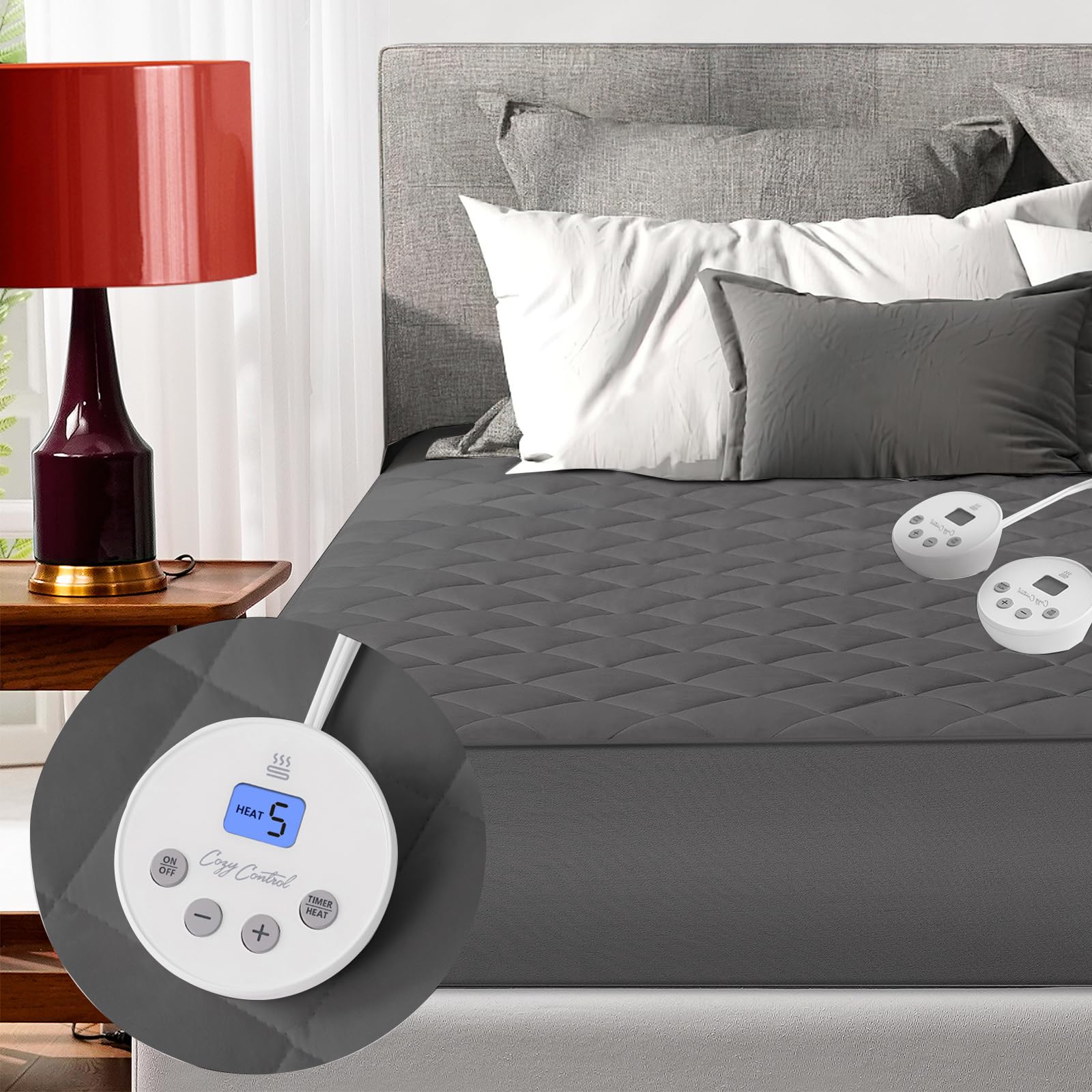 Heated Mattress Pad King Size Quilted Zone Heating Electric Bed Warmer Comfort Heat Mattress Pad Cover Dual Controller（10 Heat Setting | 1-12 Hours Auto Shut Off | with 8-21 Inch Deep Pocket） Gray
