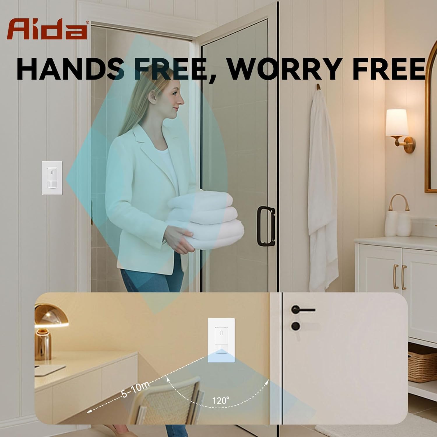 AIDA Single Pole Motion Sensor Light Switch w/Neutral Wire - 120° PIR Infrared Activation - CFL/LED/MLV/INC/HAL/Fan Compatible - UL Certified - 4 Pack,Matte White