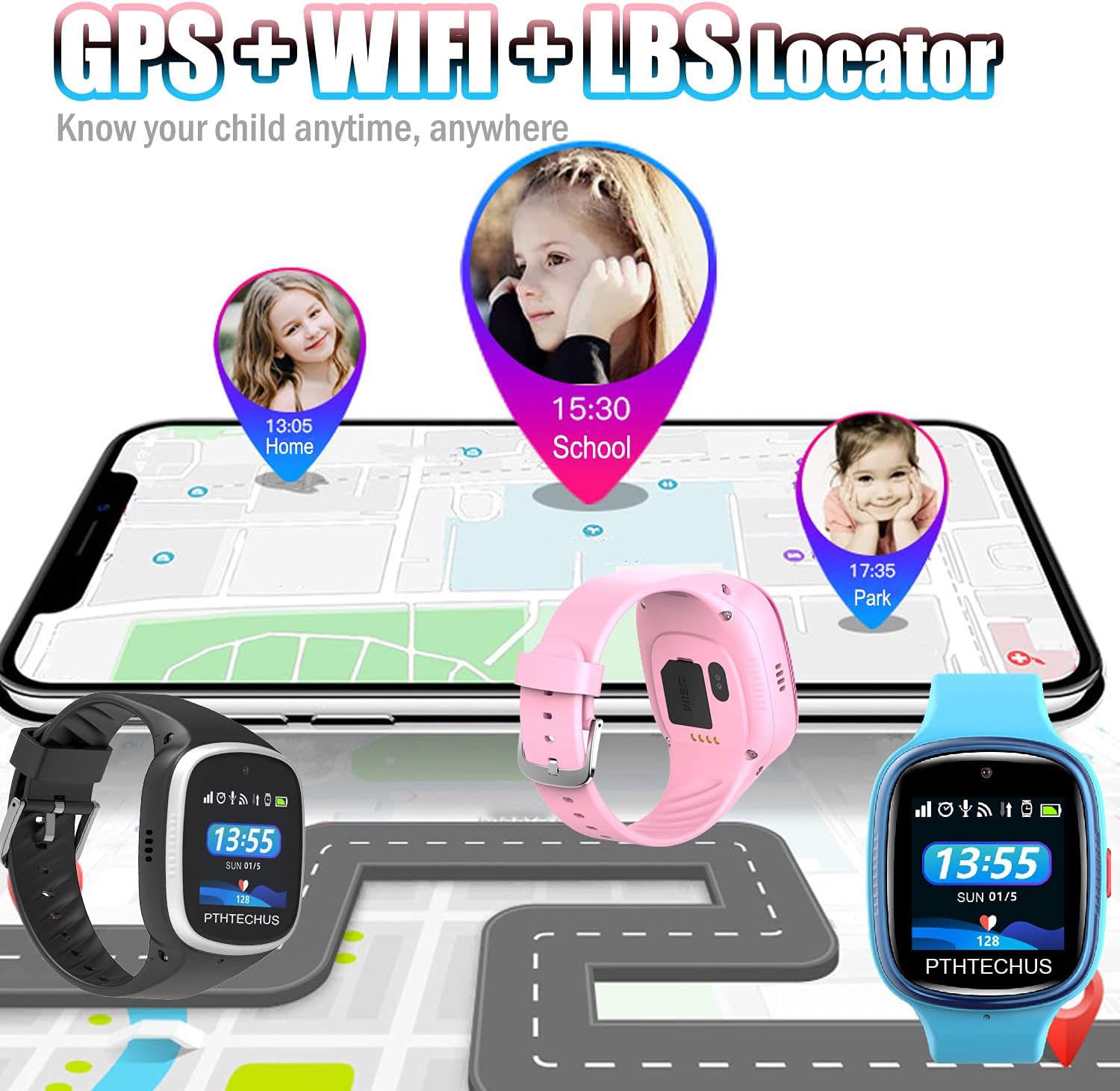 GPS, WiFi, and LBS locator showing a child's location at home, school, and park on a map