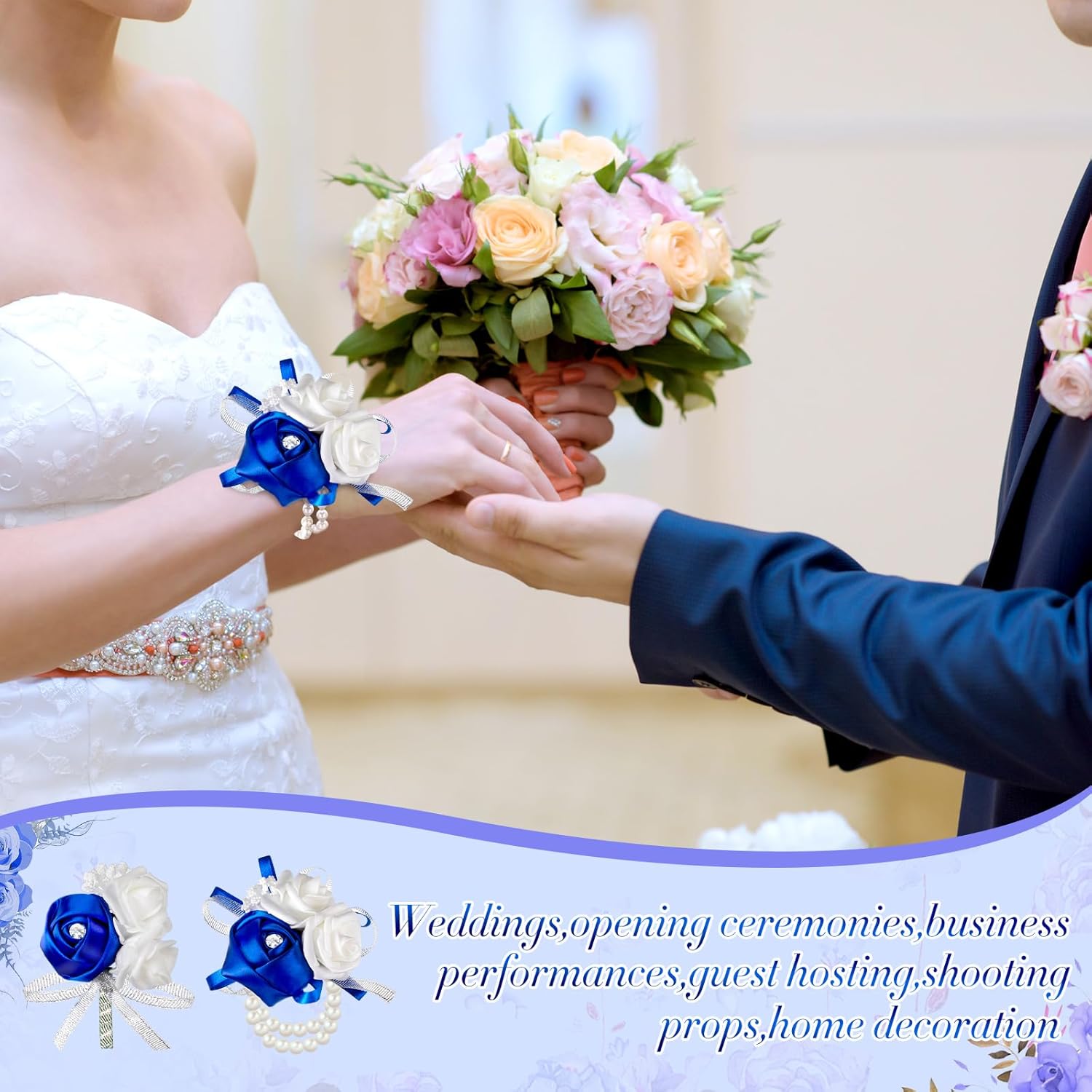 Zeyune 16 Pcs Royal Boutonniere for Men, Rose Corsage Wrist Prom Set for Women Bridal Bridesmaid, Flower for Wedding Ceremony Anniversary Party Homecoming Decor(Royal Blue) - Image 5
