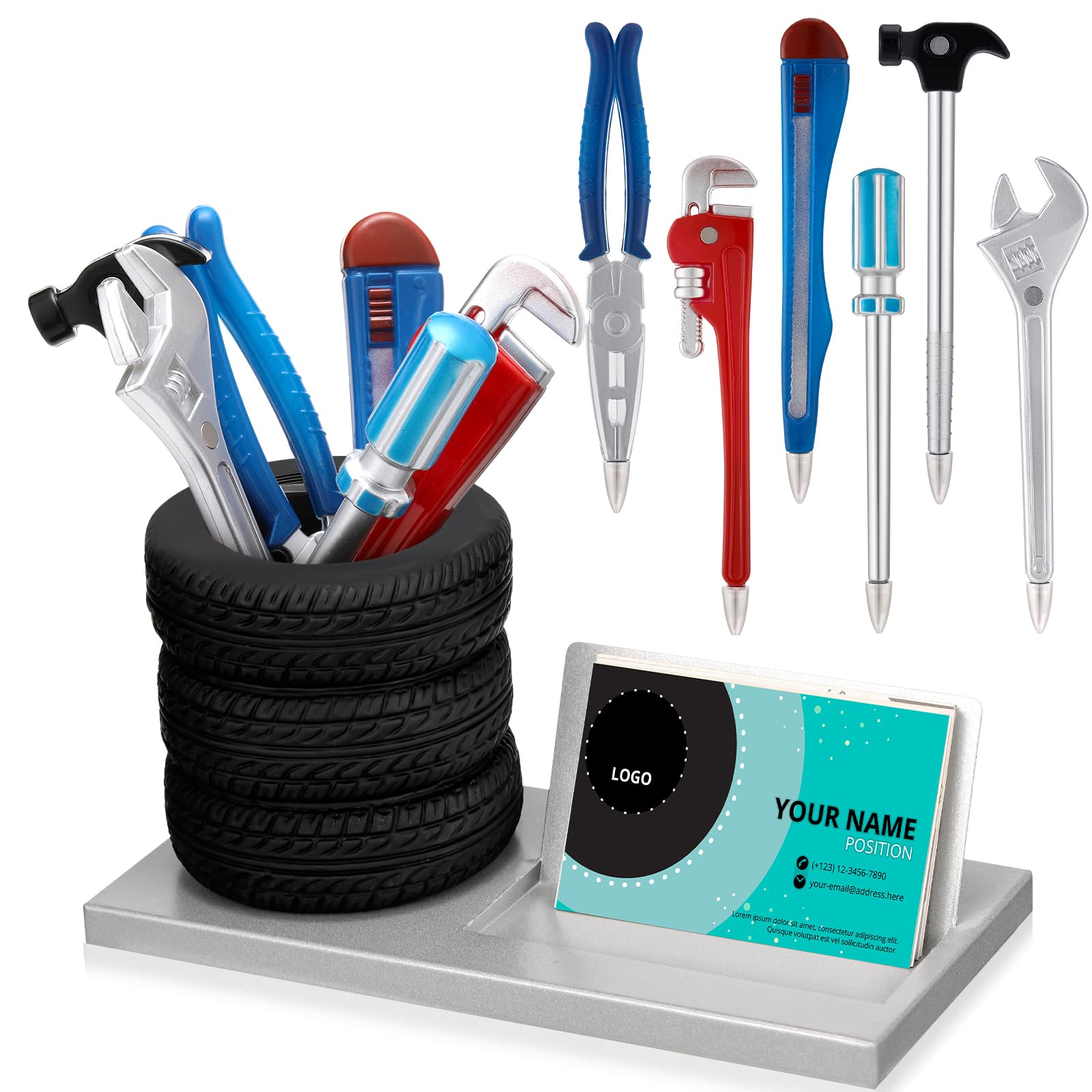 Feifeiya 7 Pcs Novelty Tool Pens Set Tire Shaped Pencil Holder Business Card Holder Wrench Pens Christmas Car Salesman Gift Fun Tire Mechanic Desk