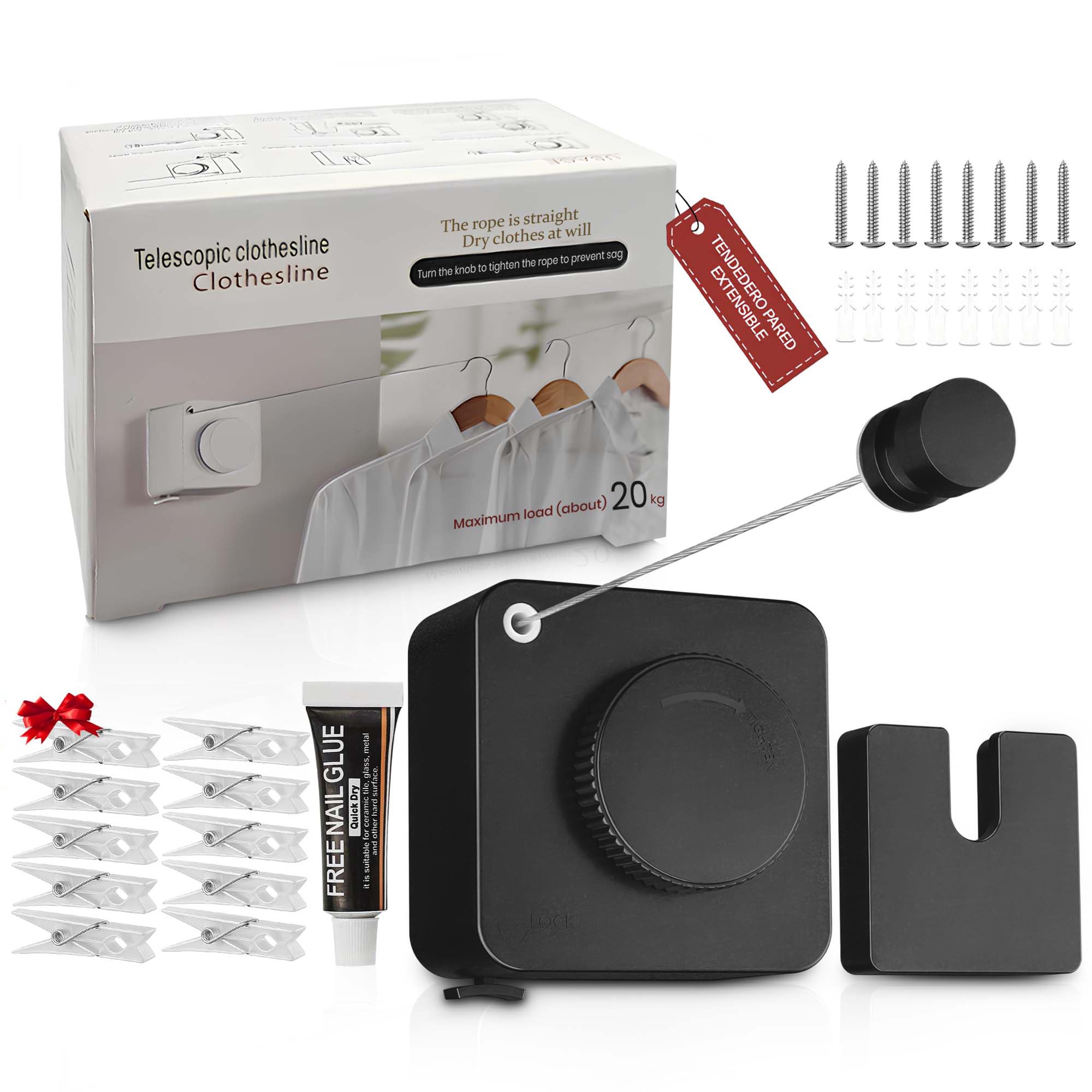 Lot de cordes à linge extensible murale - Corde à linge extensible (5,1 m de corde en acier inoxydable, jusqu'à 20 kg) - Peu encombrante pour salle de bain, balcon et camping-car